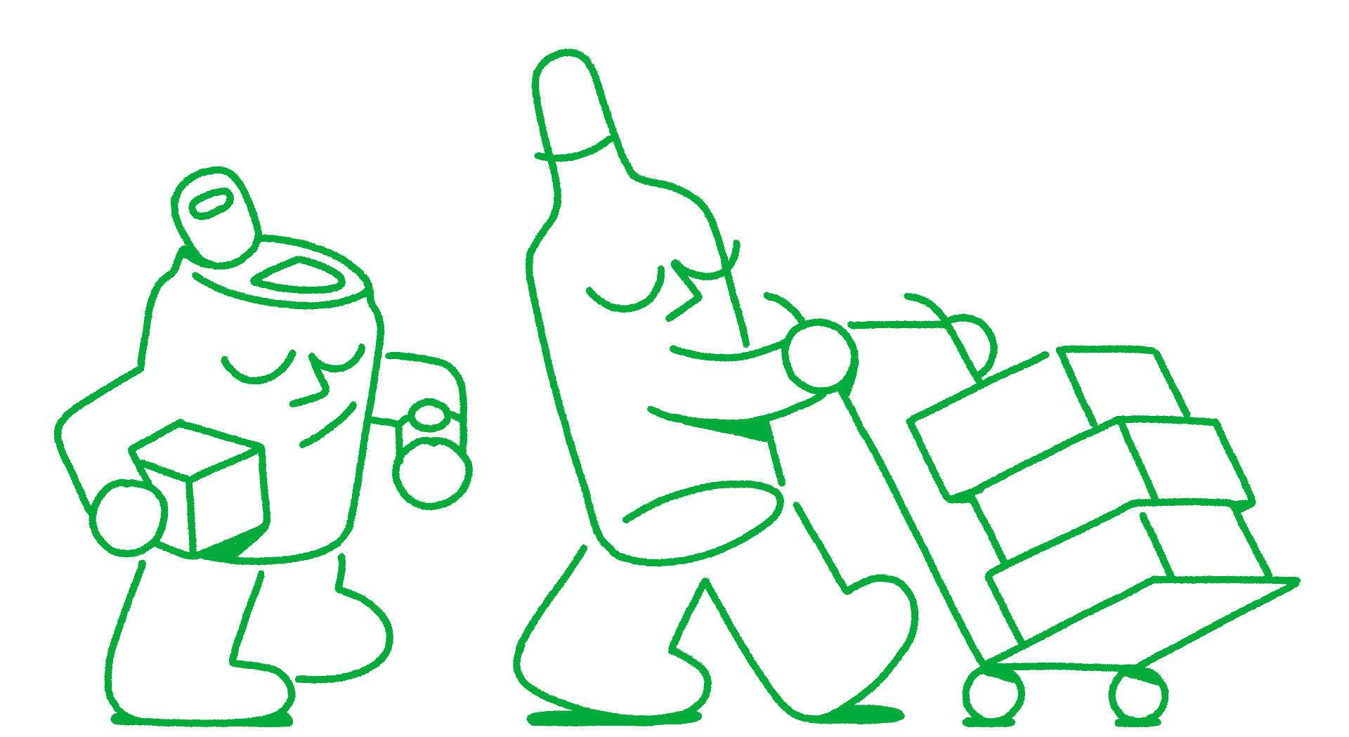 Animation de deux personnages Pollen transportant des boîtes de breuvages